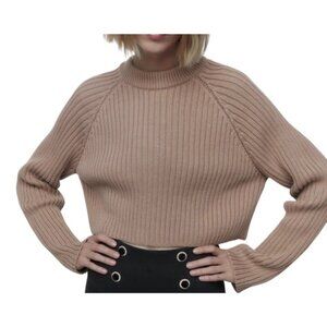 Zara Womens Ribbed Knit Cropped Sweater Medium Tan Cotton Blend